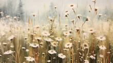 Vintage Neutral Wildflower Field Oil Painting 