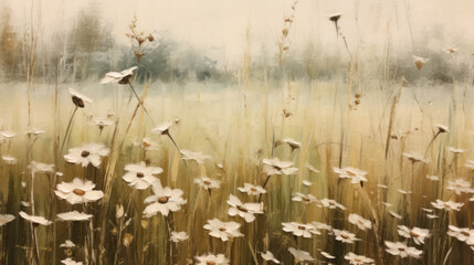 Wall Mural - Vintage neutral wildflower field oil painting 