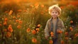 © tashechka - Cute happy little boy of 4 years , ocean in sunset light. Blooming spring meadow. Field of summer flowers
