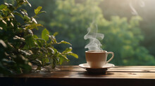 Cup Of Coffee With Smoke On Wooden Table With Green Forest Background