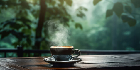 Wall Mural - Cup of coffee with smoke on wooden table with green forest background