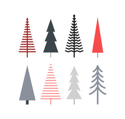  Set of modern Scandinavian Christmas trees. Happy New year. Winter holidays. Simple nordic style. Xmas mood.