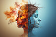 © Oleksandra - Metaphor bipolar disorder mind mental. Double face. Split personality. Concept mood disorder. 2 Head silhouette. Psychology. Mental health. Dual personality. Generative AI