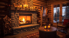 Warm And Cozy Fireplace In Winter Log Cabin, Christmas Time, Illustration. Generative AI
