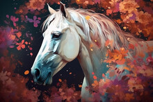 Image Of A White Horse Surrounded By Colorful Tropical Flowers On A Clean Background. Wildlife Animals. Illustration, Generative AI.