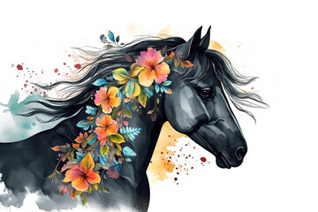 Naklejka na meble A painting a black horse head with colorful tropical flowers. Wildlife Animals. Illustration, Generative AI.