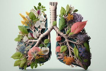 Wall Mural - Lungs made from flowers and leaves on a clean background. Creative concept. Illustration, Generative AI.