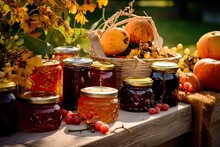 Harvest Festival Display Of Jams And Preserves