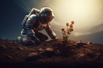 an astronaut delicately plants a seedling on a exoplanet , symbolizing the ambition of humanity in s
