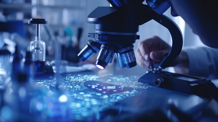 Close-up shot of a scientist with a microscope in a laboratory