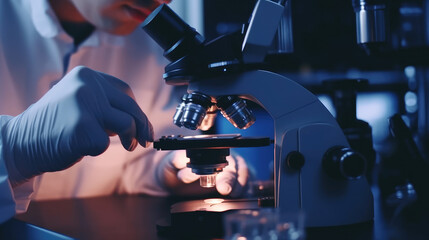 Close-up shot of a scientist with a microscope in a laboratory