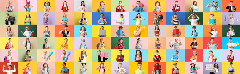 Canvas Print - Collage with many little students on colorful background