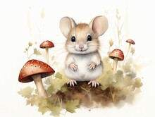 Watercolor Illustration Of Mouse In The Wild With Mushrooms On A White Background,  Created By Generative Al Technology 