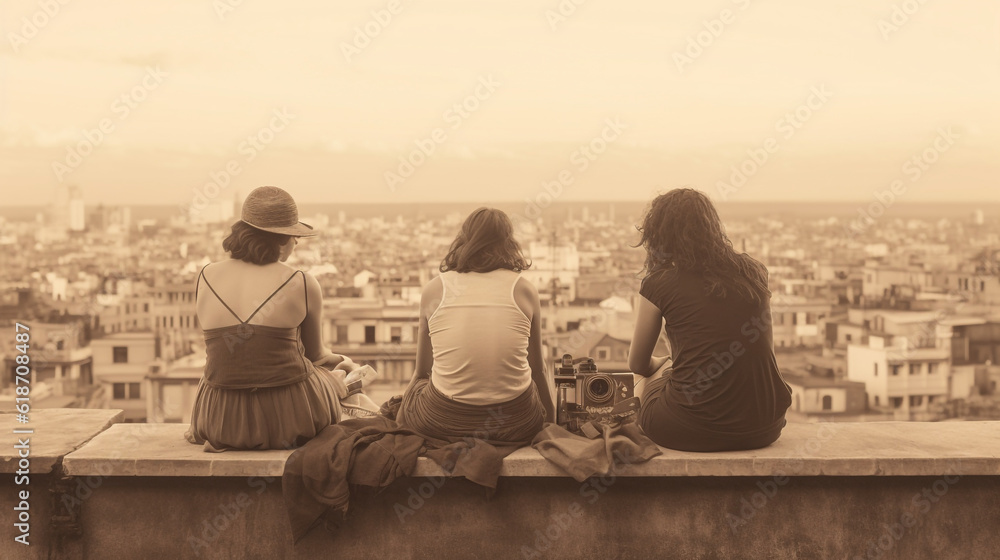 two women sitting on friends sitting on a rooftop, watching the city ...