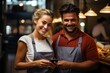© sirisakboakaew - Smiling waitress wearing an apron holding a pen taking orders talking to customers in a restaurant Couple choosing drink menu sitting at cafe table good customer service staff