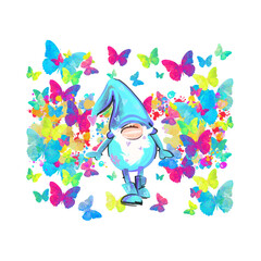 Wall Mural - Gnome, dwarf, with watercolour butterflies. Holiday , birthday, wedding, Valentines day, baby shower template. 