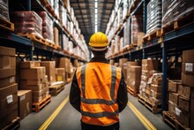 A Handsome Male Worker Wearing A Hard Hat Carrying Boxes Turns Back And Forth Through A Retail Warehouse Full Of Shelves—a Professional Worker Working In Logistics And Distribution Centers.