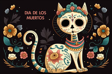Generative AI. Day Of The Dead, Dia De Los Muertos, Cats Skulls And Skeleton Decorated With Colorful Mexican Elements And Flowers. Fiesta, Halloween, Holiday Poster, Party Flyer. 