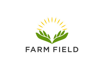 Wall Mural - Organic farm logo design hands leaves icon symbol sunshine element