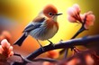 An illustration of a delightfully beautiful nightingale bird on a flowering tree in spring. Made with Generative AI technology