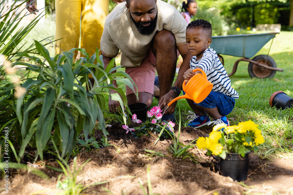 African american father looking at cute son watering fresh flowers with ...