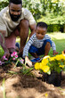 African american father with son planting fresh flowers on field in backyard during weekend