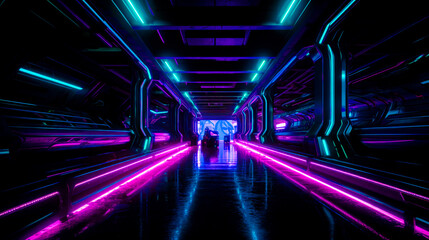 Sticker - Long hallway with neon lights and person standing in the middle of it. Generative AI.