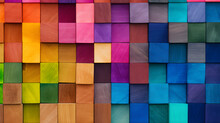 Colorful Background Of Wooden Blocks. A Spectrum Of Multi Colored Wooden Blocks Aligned. Background Or Cover For Something Creative Or Diverse.