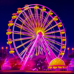 Ferris wheel lit up at night with purple sky in the background. Generative AI.