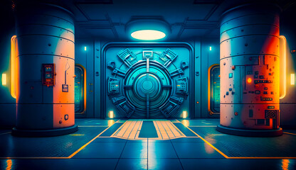 Wall Mural - Sci - fi room with large door and some lights in it. Generative AI.