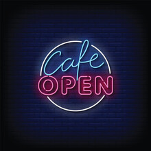 Neon Sign Cafe Open With Brick Wall Background Vector