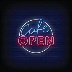 Wall Mural - Neon Sign cafe open with brick wall background vector