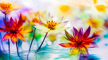 Three Water Lilies Floating On Top Of Body Of Water With Colorful Flowers In The Background. Generative AI.
