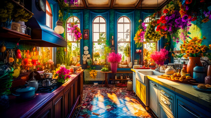 Wall Mural - Painting of kitchen filled with lots of flowers and potted plants. Generative AI.