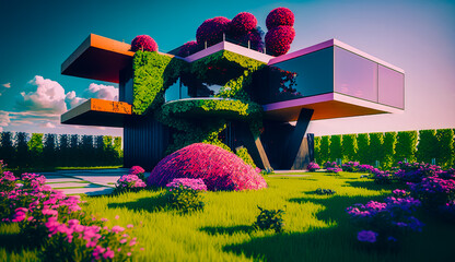 Wall Mural - Futuristic building with flowers in the foreground and blue sky in the background. Generative AI.