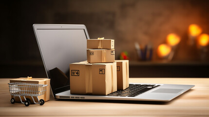 product package boxes in cart with a shopping bag and laptop computer, generative ai