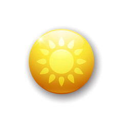 Wall Mural - Realistic glossy button with sun icon. 3d vector element of yellow color with shadow underneath. Best for mobile apps, UI and web design.