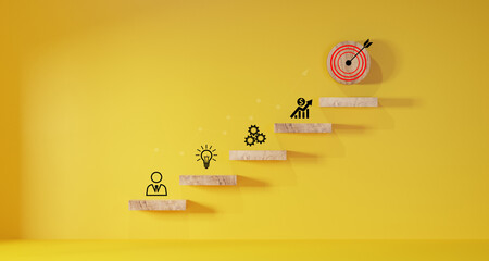 woods block step on table with icon Action plan, Goal and target, success and business target concept, project management, company strategy