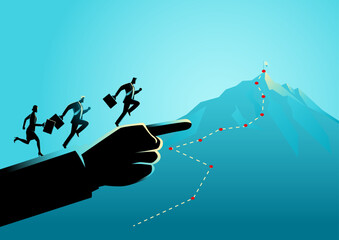 Business concept illustration of businessmen and a businesswoman running on giant hand pointing at the mountain, leadership, motivation in business