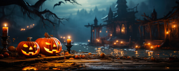 two halloween pumpkins on desk with fog, seaside scene, horror concept with space for product placement