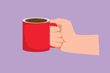 Cartoon flat style drawing human hand is holding a ceramic cup with coffee or tea. Hand holds a hot mug by the handle. Relax time in the morning. Coffee break icon. Graphic design vector illustration