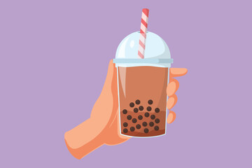 Character flat drawing of hand holding a bubble tea plastic cup. Boba tea, a sweet Taiwanese milk tea drink popular in Asia. Trend food and drink logo, icon, symbol. Cartoon design vector illustration