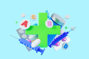 Wall Mural - Green cross and medical bottles with pills and syringe, health protection