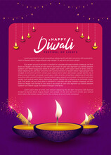 Illustration Of Burning 3 Diya On Happy Diwali Festival Of Lights Background