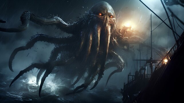 a deep sea creature attacking a ship. generative AI