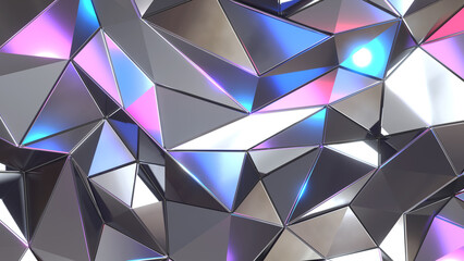 Wall Mural - Silver mosaic background, shiny metal polygons abstract pattern, triangle shapes purple blue metallic