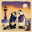 Create a stunning representation of a purple Panda and a smaller blue belt Cat kissing one another in a beautiful old feudal Japanese style The scene should take place near a lighthouse on a beach 