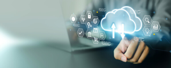 Cloud documentation and personal information online database storage and data privacy protection on computer network or online banking protect or cyber security concept.