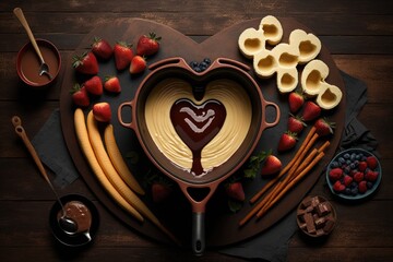 Sticker - heart-shaped churros surrounded by fondue with fruits and chocolate for dipping, created with generative ai