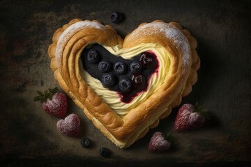 Wall Mural - heart-shaped danish pastry with a fruit filling surrounded by cream cheese, created with generative ai